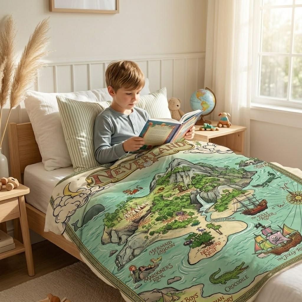 Neverland Map Fleece Blanket, Soft Cozy Peter Pan Inspired Blanket