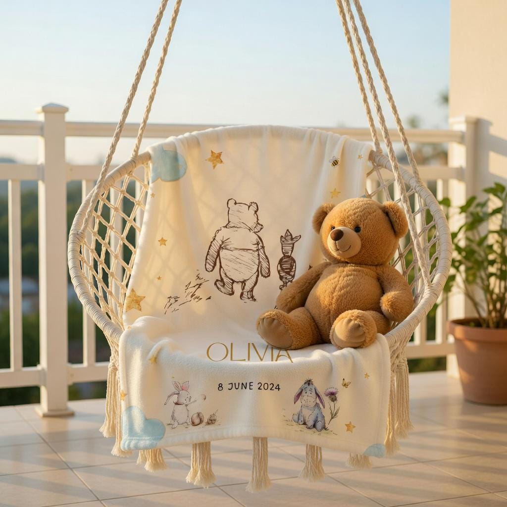 Personalized Winnie the Pooh Baby Blanket, Custom Name Classic Pooh Nursery Decor, Retro Pooh & Friends Blanket