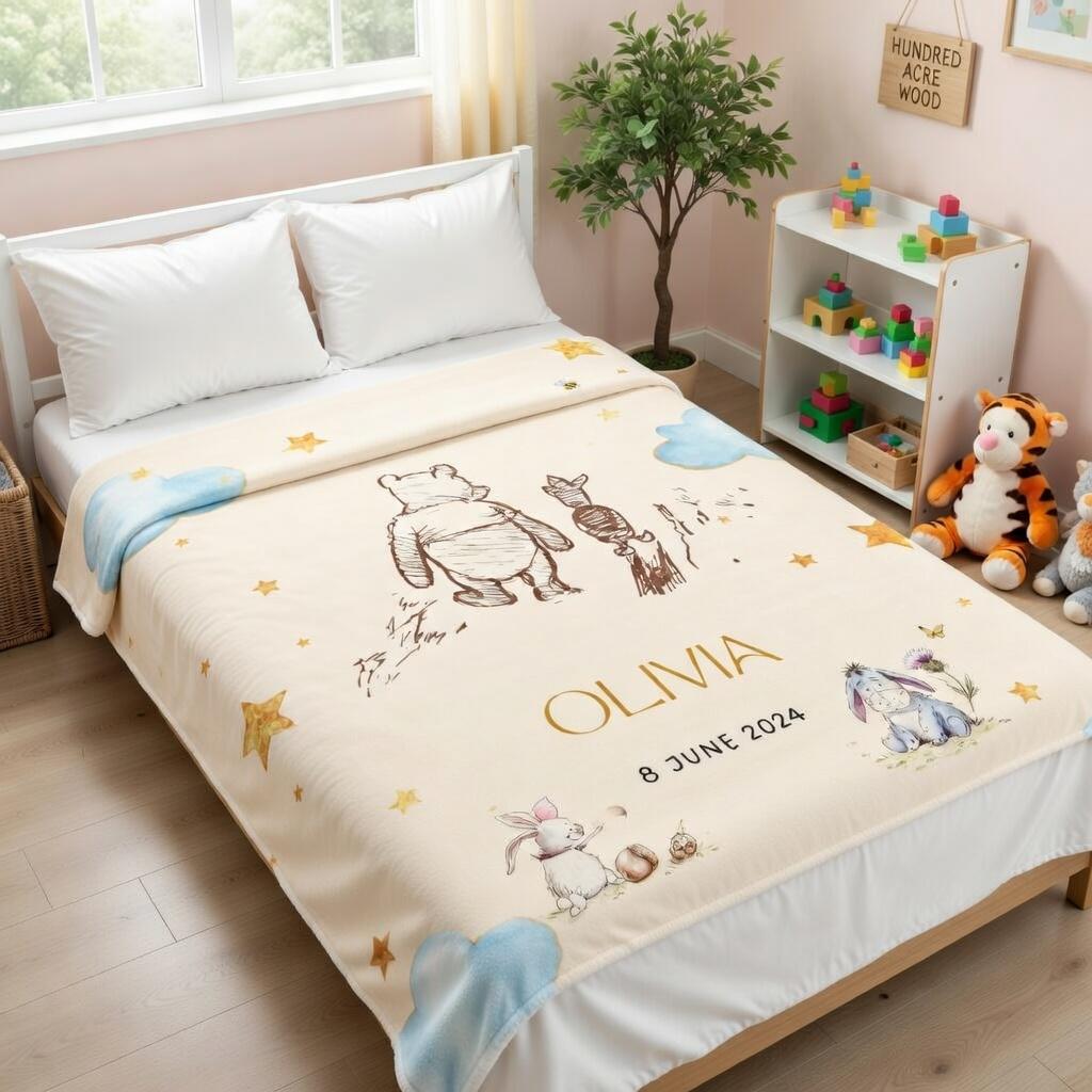 Personalized Winnie the Pooh Baby Blanket, Custom Name Classic Pooh Nursery Decor, Retro Pooh & Friends Blanket