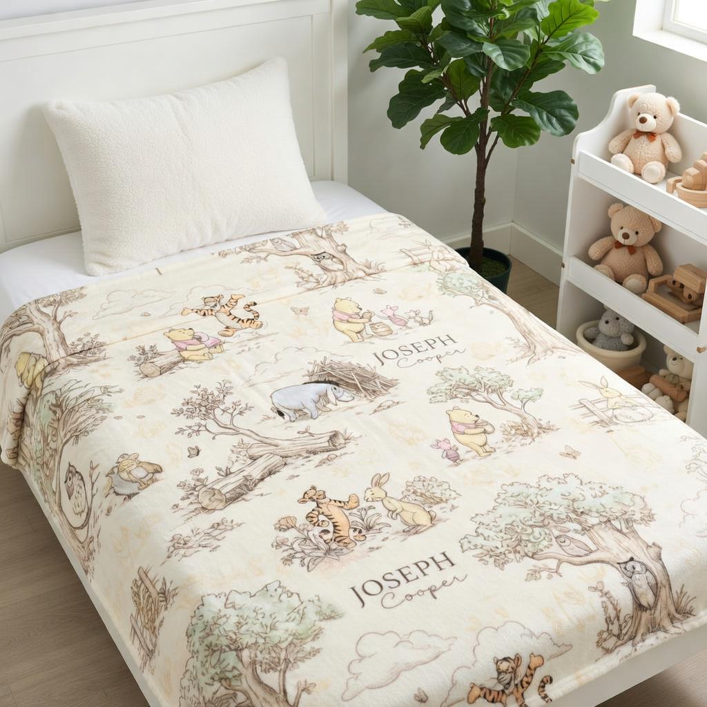 Personalized Classic Winnie the Pooh Blanket, Custom Hundred Acre Wood Nursery Plushies, Vintage Pooh and Friends Blanket