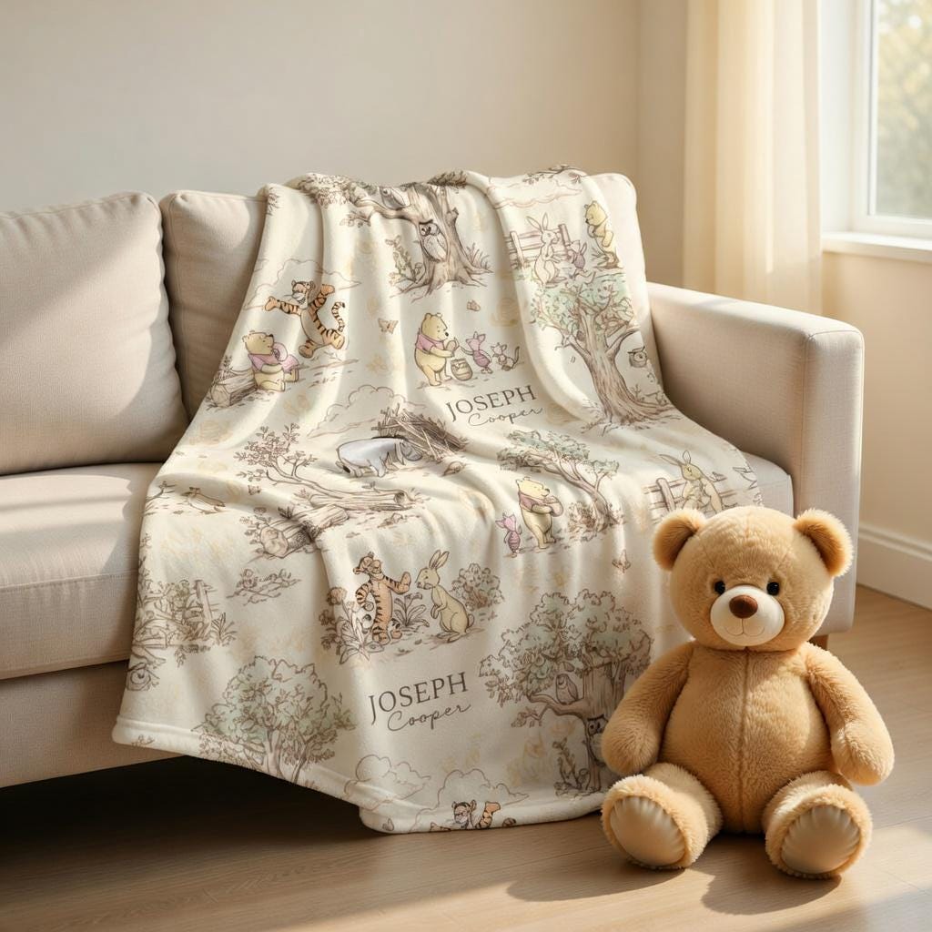 Personalized Classic Winnie the Pooh Blanket, Custom Hundred Acre Wood Nursery Plushies, Vintage Pooh and Friends Blanket