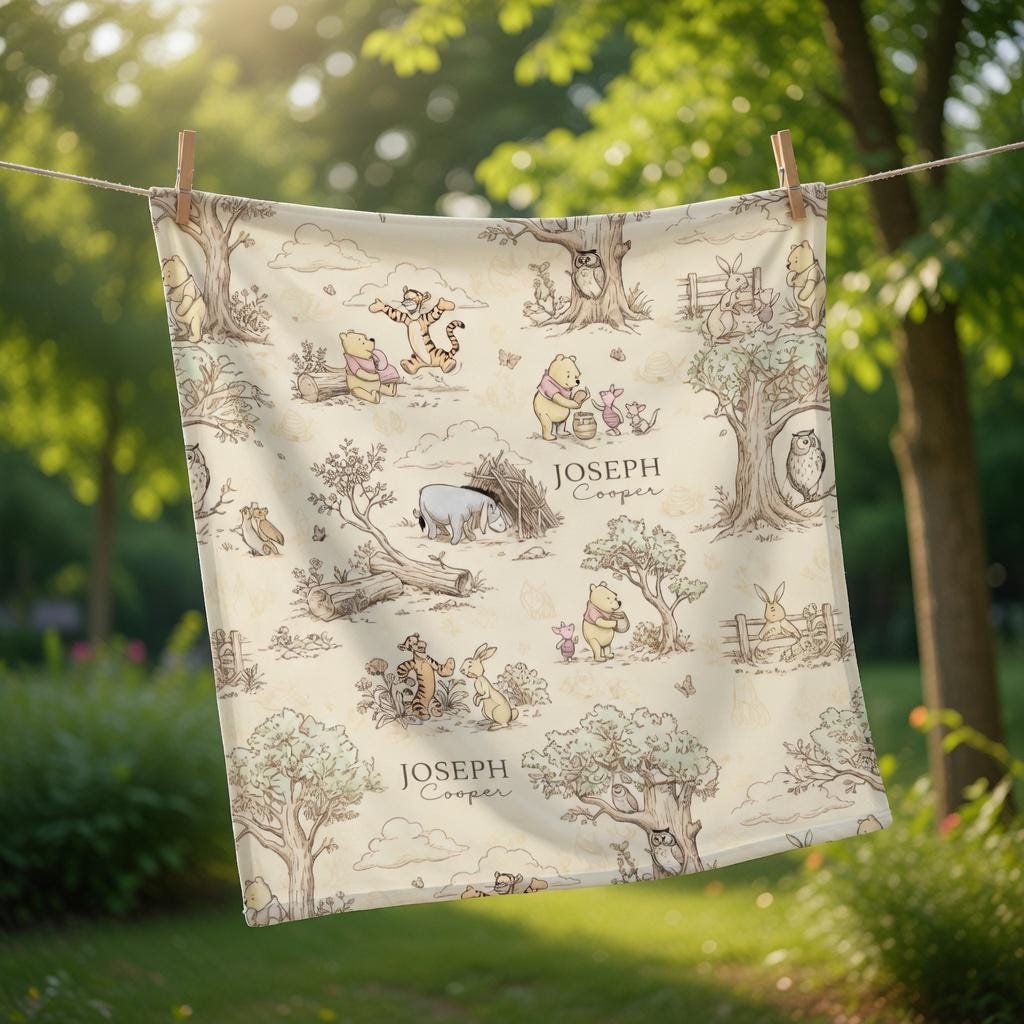 Personalized Classic Winnie the Pooh Blanket, Custom Hundred Acre Wood Nursery Plushies, Vintage Pooh and Friends Blanket