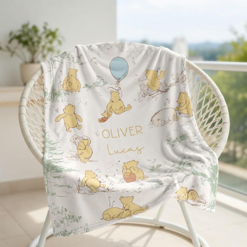 Personalized Winnie the Pooh Baby Blanket, Custom Name Sage Green Nursery Decor, Classic Pooh Blue Balloon Blanket, Storybook Newborn Gift