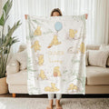 Personalized Winnie the Pooh Baby Blanket, Custom Name Sage Green Nursery Decor, Classic Pooh Blue Balloon Blanket, Storybook Newborn Gift