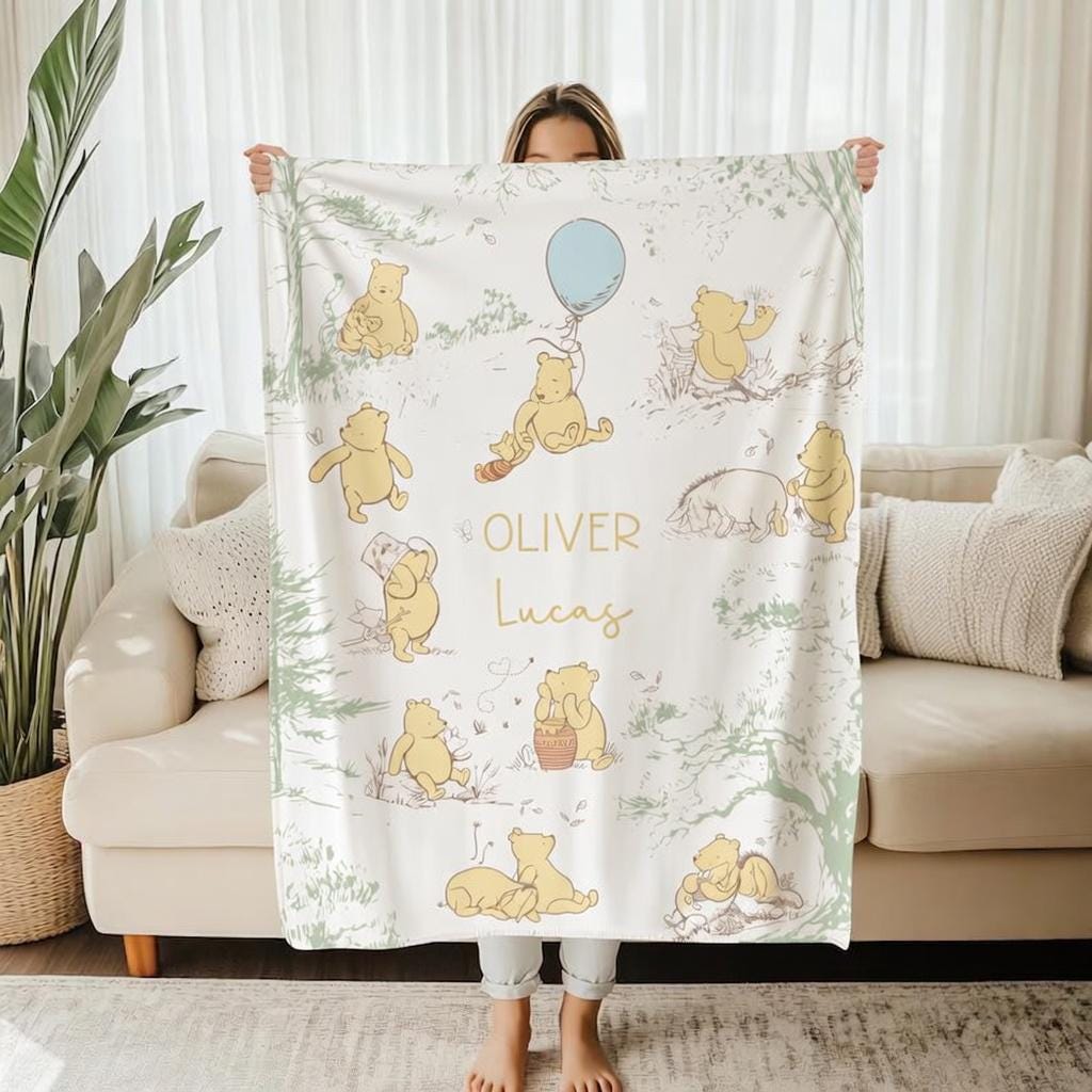 Personalized Winnie the Pooh Baby Blanket, Custom Name Sage Green Nursery Decor, Classic Pooh Blue Balloon Blanket, Storybook Newborn Gift
