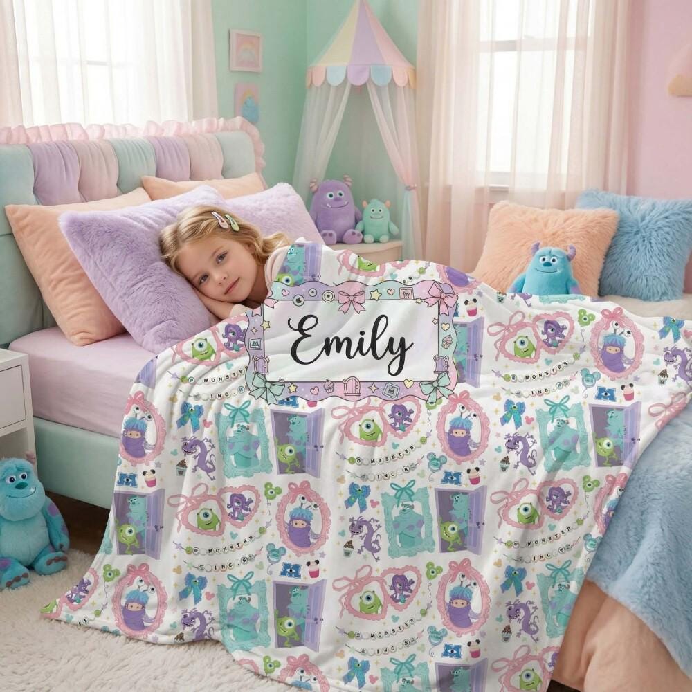 Adorable Monsters Inc Coquette Custom Blanket, Personalized Name Mike Sulley Boo Throw, Scary Cute Nursery Decor Birthday Gift 2026
