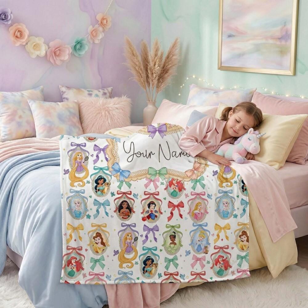 Elegant Princess Mirror Coquette Custom Blanket, Personalized Name Magical Characters Bedding, Fairytale Bow Nursery Throw for Kids