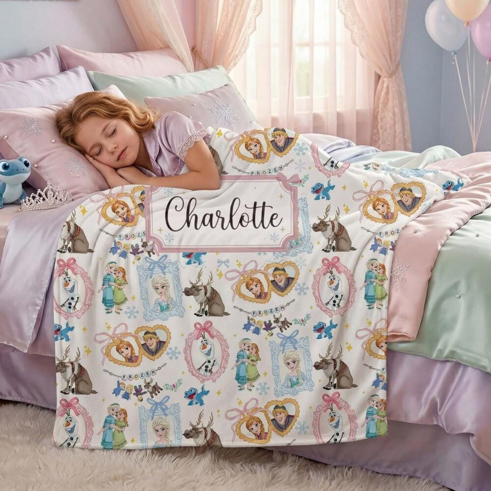 Enchanted Frozen Team Custom Blanket for Kids, Personalized Name Elsa Anna Olaf White Throw, Winter Fairytale Nursery Decor 2026