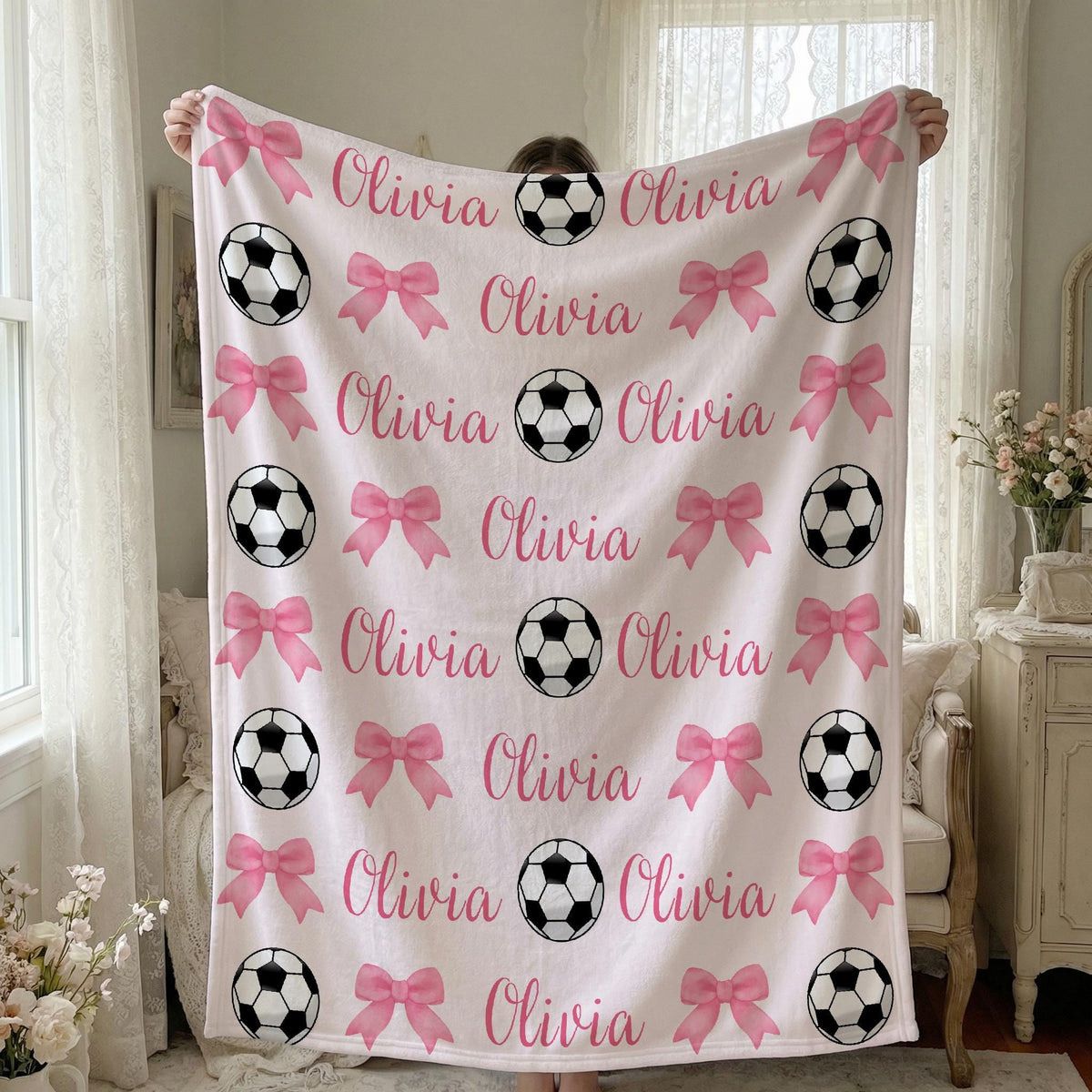 Personalized Soccer and Bows Blanket with Name,Custom Football Team Blanket,Soccer Team Spirit Throw,Sport Throw Teen Athlete Senior Gift