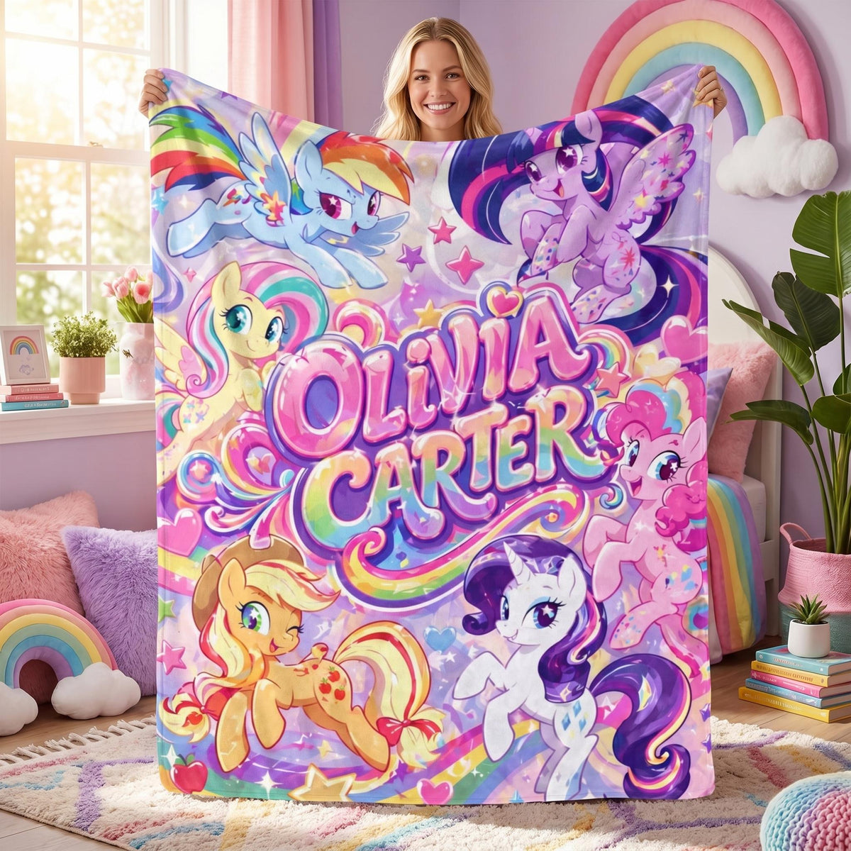 Personalized Magical Pony Flannel Blanket for Girls, Custom Rainbow Unicorn Throw, Custom Name Kids Toddler Bedding, Birthday Gift