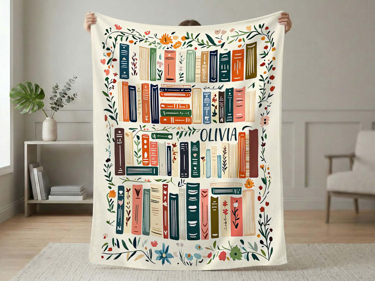Personalized Book Blanket, Custom Name Reading Throw, Cozy Library Gift for Book Lovers and Readers