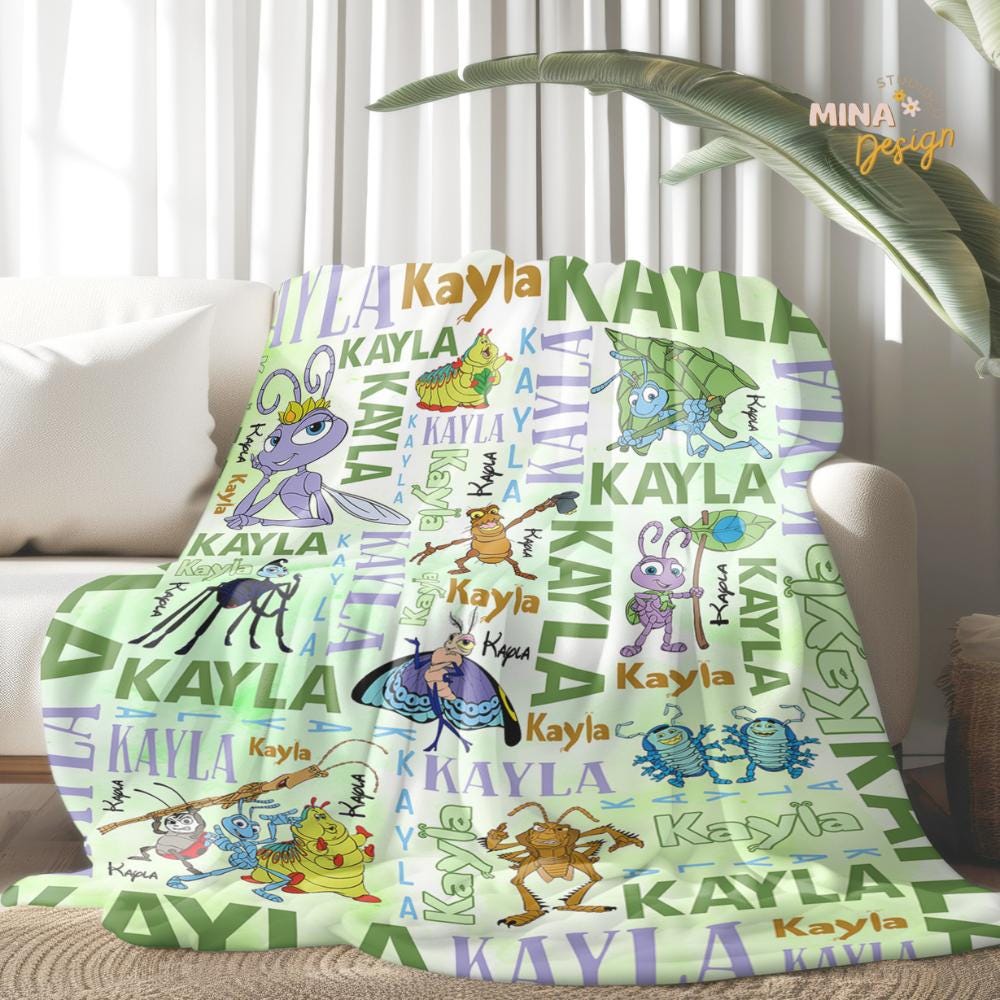Personalized Disney A Bug's Life Blanket, Flik Princess Atta Heimlich Birthday Boy, Birthday Girl Family Home Decor Baby Shower Gift for Kid