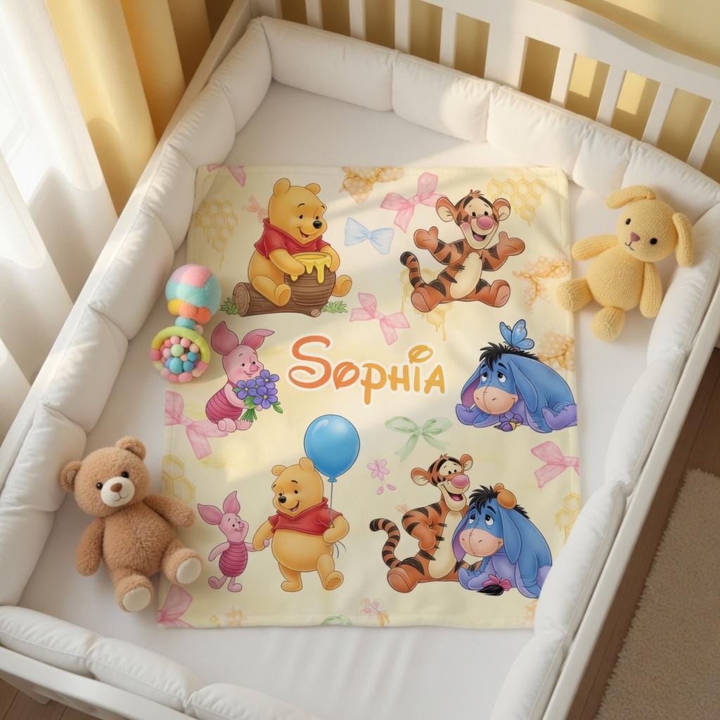 Personalized Winnie the Pooh Blanket, Custom Name with Winnie the Pooh Blanket, Classic Pooh Blanket, Storybook Newborn Gift
