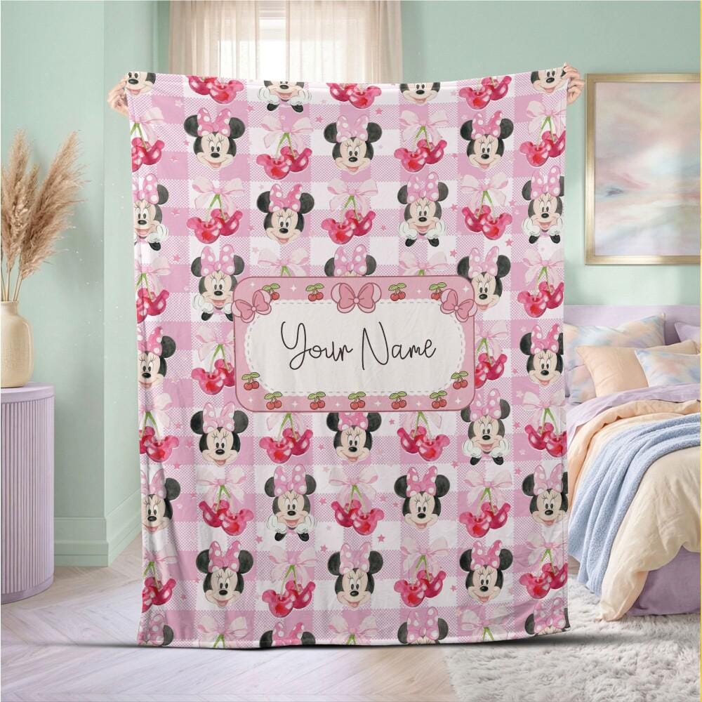 Sweet Personalized Minnie Mouse Cherry Blanket, Custom Name Pink Plaid Coquette Throw, Baby Girl Nursery Decor Birthday Gif