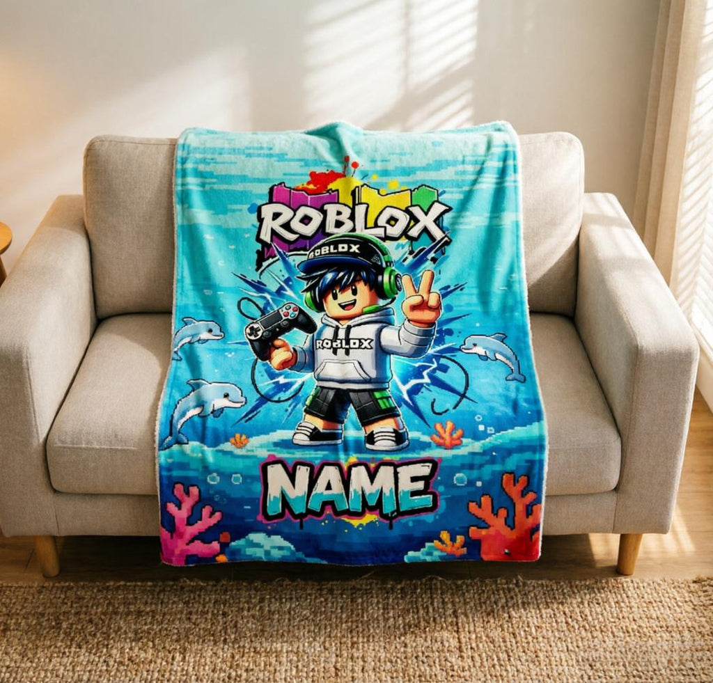 Personalized Roblox Throw Blanket, Custom Name Gaming Room Decor