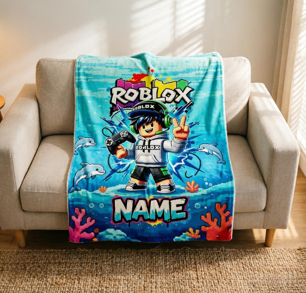 Personalized Roblox Throw Blanket, Custom Name Gaming Room Decor