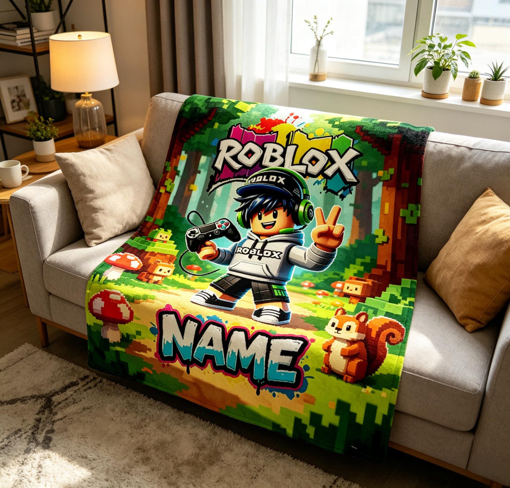 Personalized Roblox Throw Blanket, Custom Name Gaming Room Decor