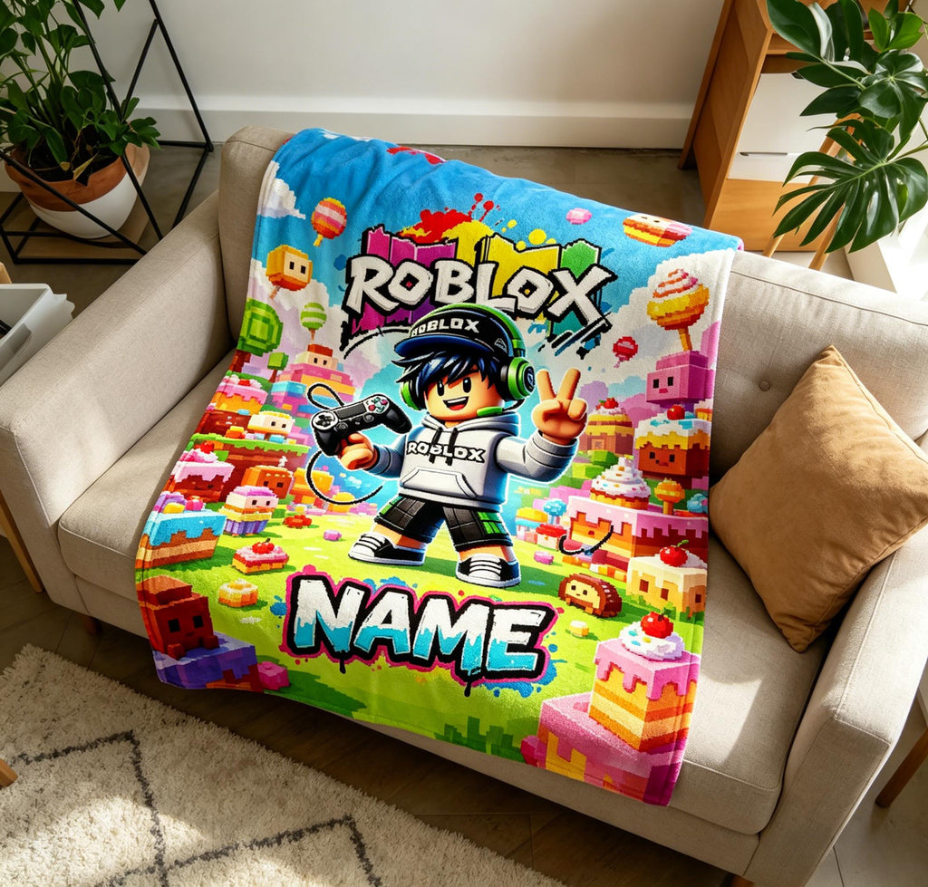 Personalized Roblox Throw Blanket, Custom Name Gaming Room Decor