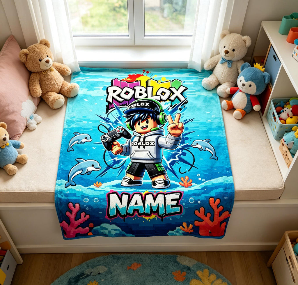 Personalized Roblox Throw Blanket, Custom Name Gaming Room Decor