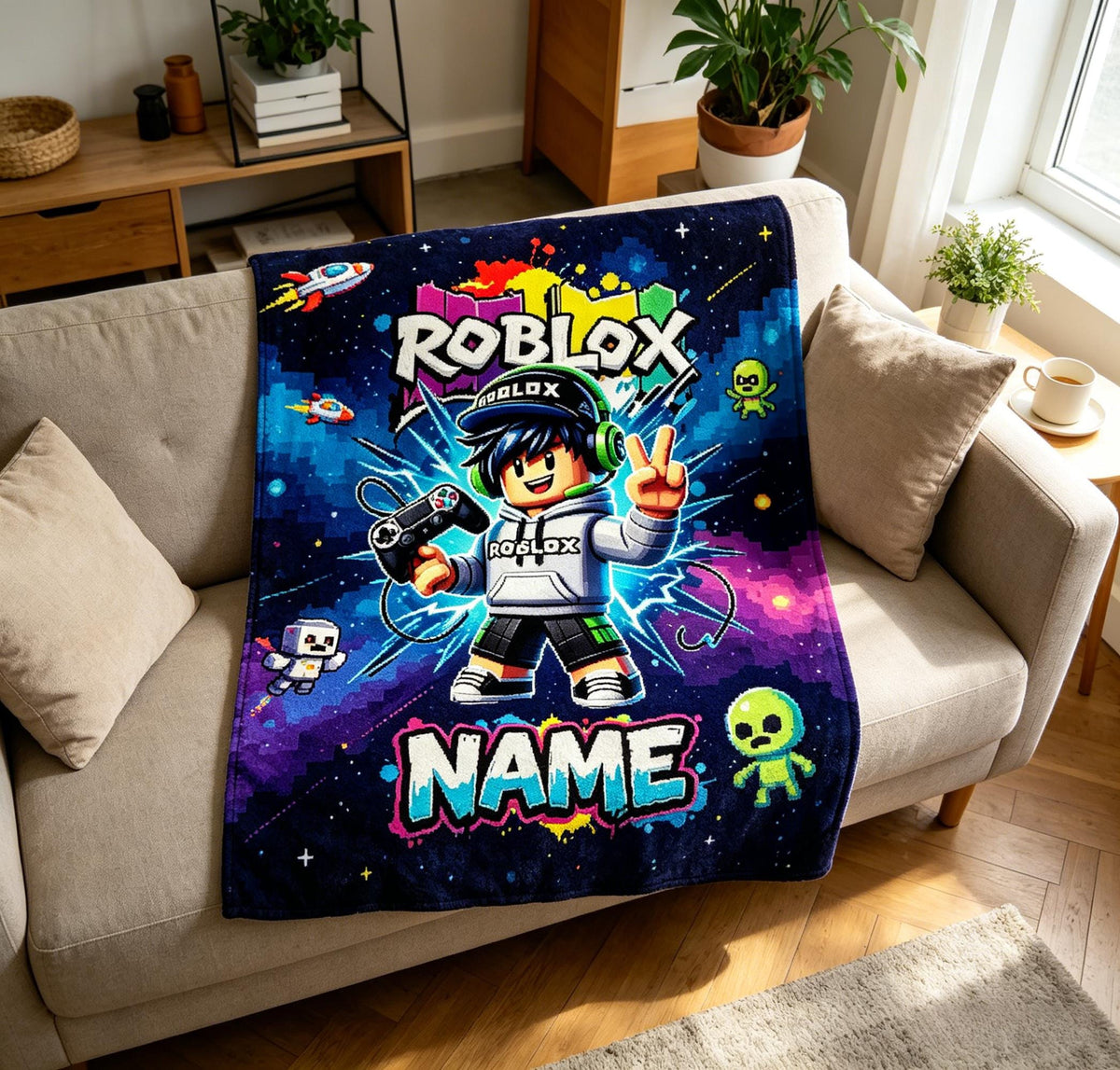 Personalized Roblox Throw Blanket, Custom Name Gaming Room Decor