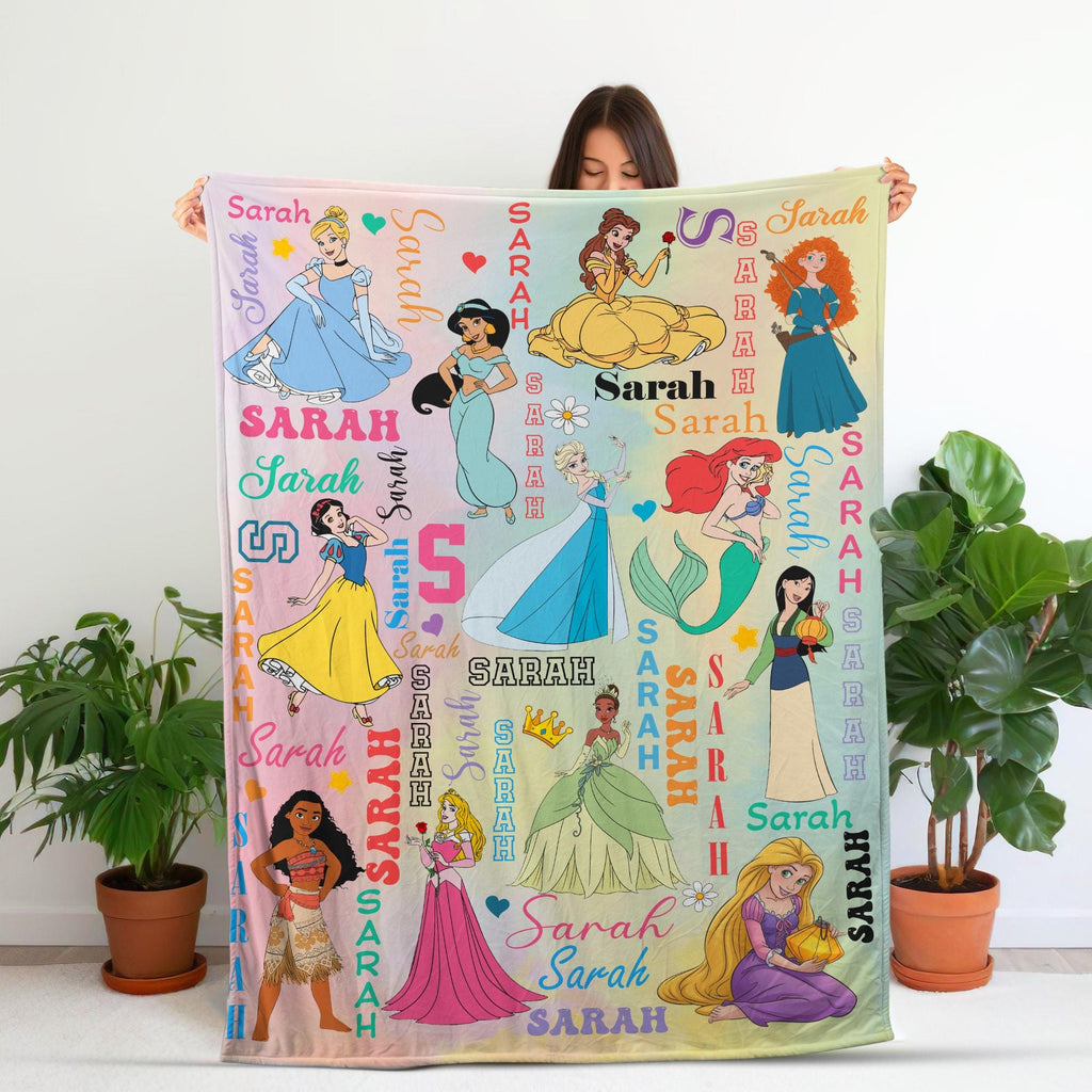 Personalized Disney Princess Watercolor Blanket, Custom Girl Blanket, Custom Name Princess Squad Blanket, Birthday Girl, Disneyland Princess