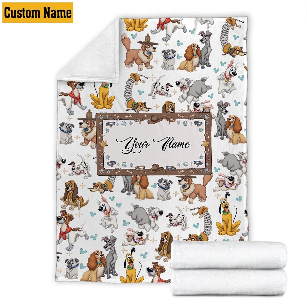 Personalized Disney Dogs Blanket, Custom Name Puppy Character Throw, Lady and the Tramp Pluto Nursery Decor Gift Cartoon Fleece Blanket