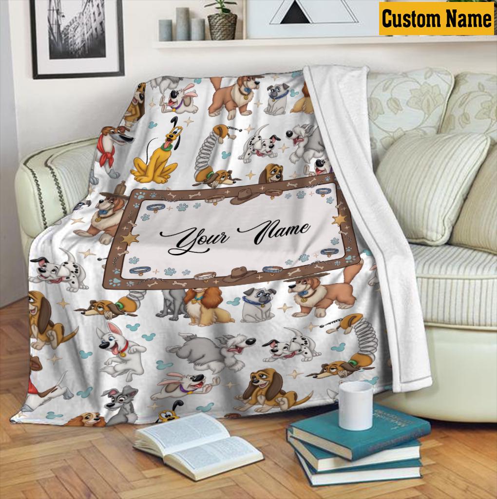 Personalized Disney Dogs Blanket, Custom Name Puppy Character Throw, Lady and the Tramp Pluto Nursery Decor Gift Cartoon Fleece Blanket