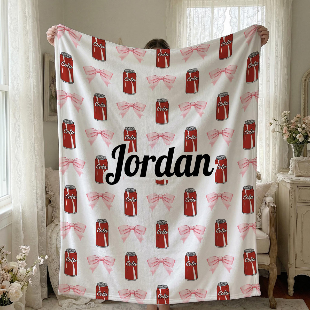 Cola Personalised Soda Blanket Throw with Name,Custom Pink Bow Blanket,Fun Gift for Kid,Wife husband birthday anniversary,Unique Present