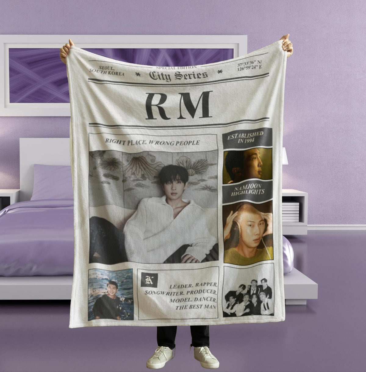 RM Newspaper blanket Namjoon Blanket, Army Fan Gift, K-pop Blanket, RM Fan Blanket, Cozy Gift for ARMY, Vintage Kpop Fan Gift