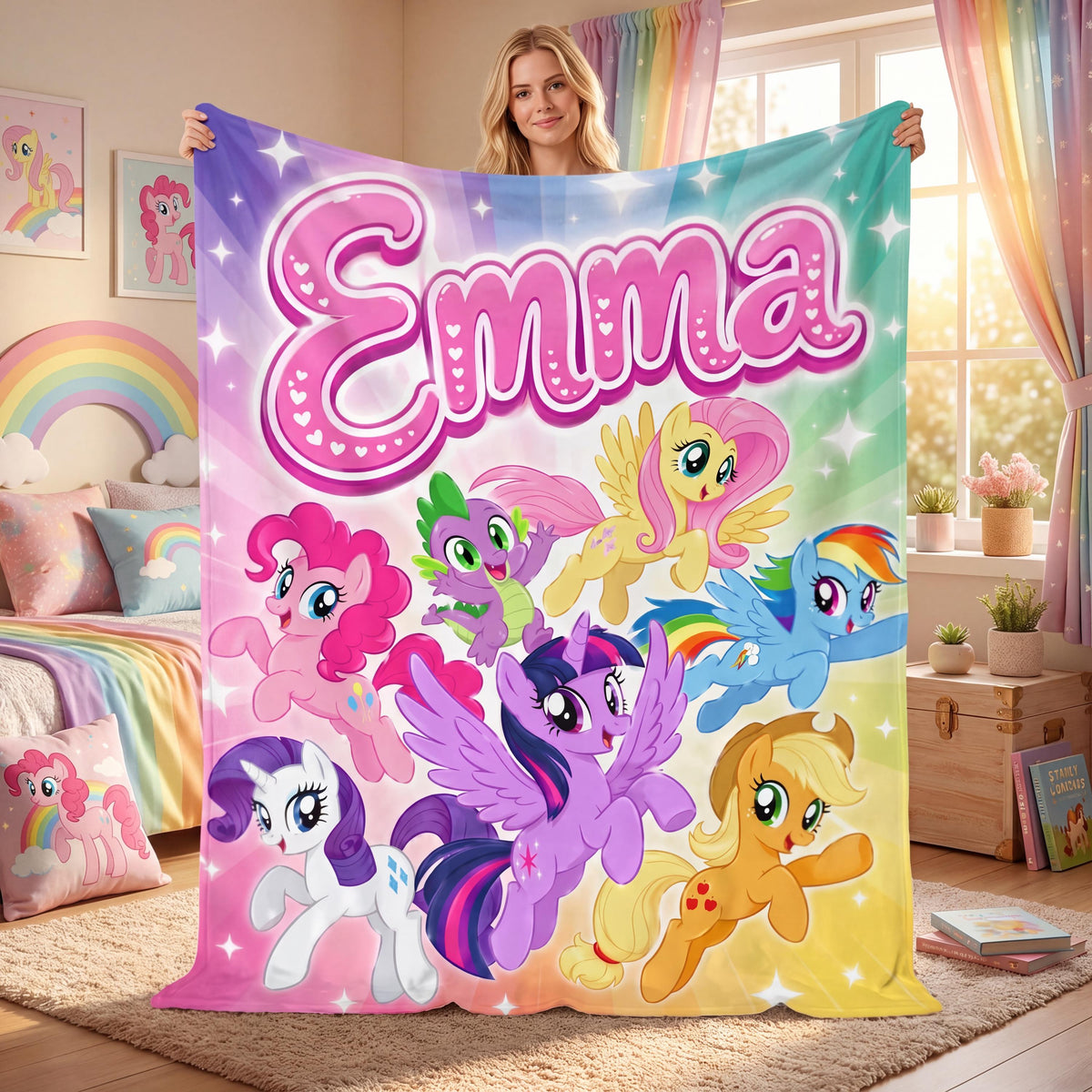 Personalized Pony Flannel Blanket Custom Name Magic Cartoon Character Throw for Girls Bedding Nursery Decor Birthday Gift for Daughter