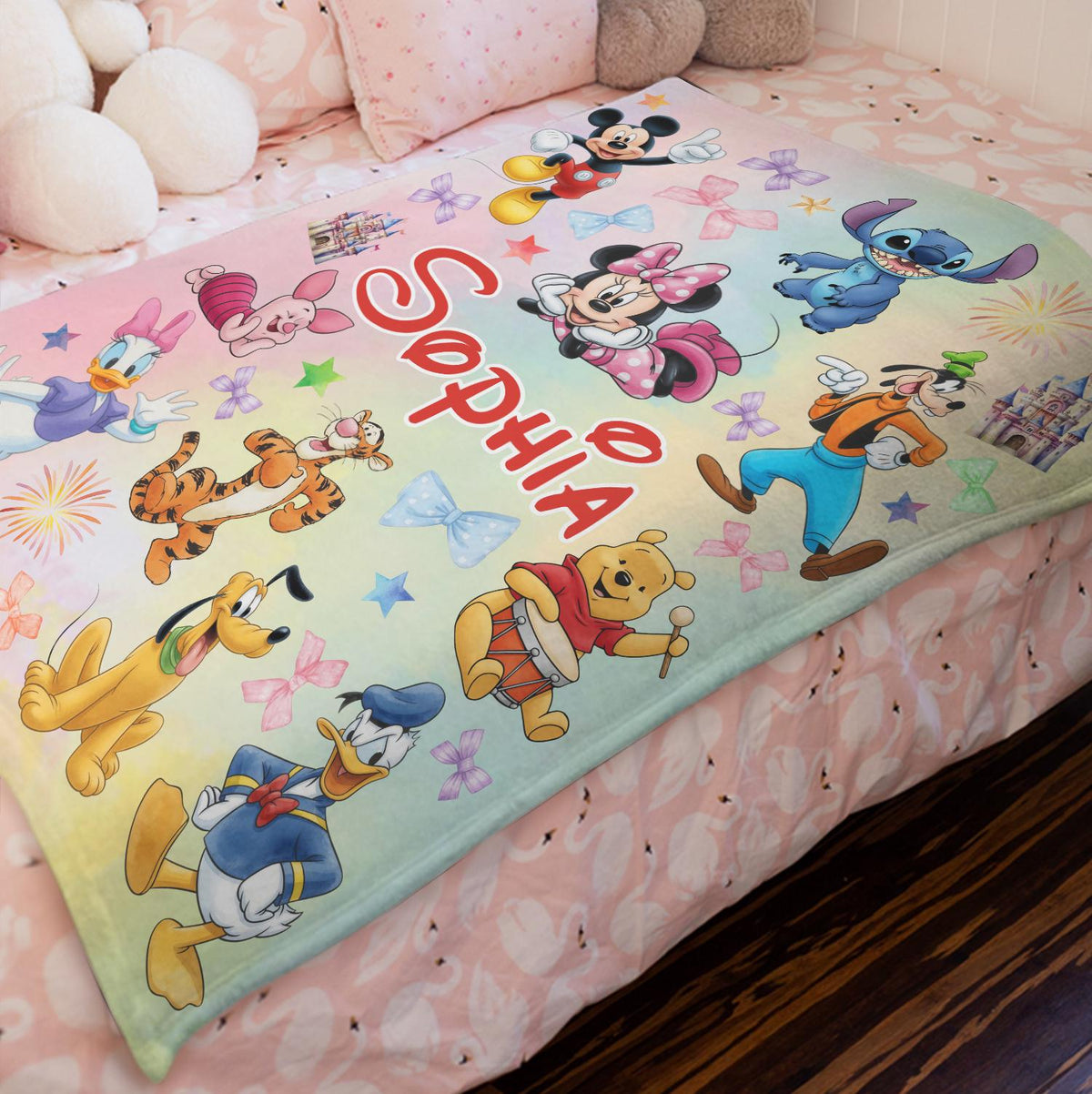 Personalized Disney Characters Blanket, Custom Girl Name Blanket, Mickey Minnie Mouse Daisy Winnie the Pooh Blanket, Baby Girl Nursery Gift