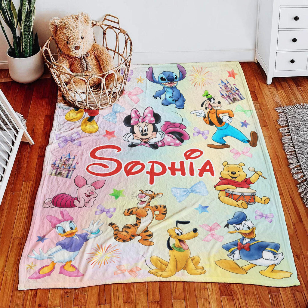 Personalized Disney Characters Blanket, Custom Girl Name Blanket, Mickey Minnie Mouse Daisy Winnie the Pooh Blanket, Baby Girl Nursery Gift