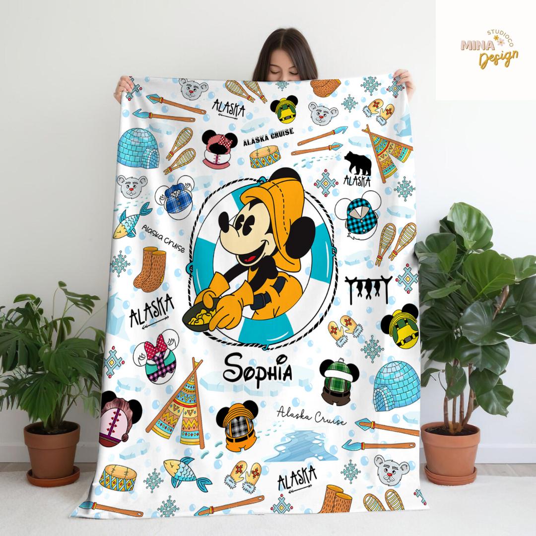 Personalized All Characters Disney Alaska Cruise Blanket, Mickey and Friends Alaskan Home Decor, Disney Wonder Magic Family Cruise Vacation