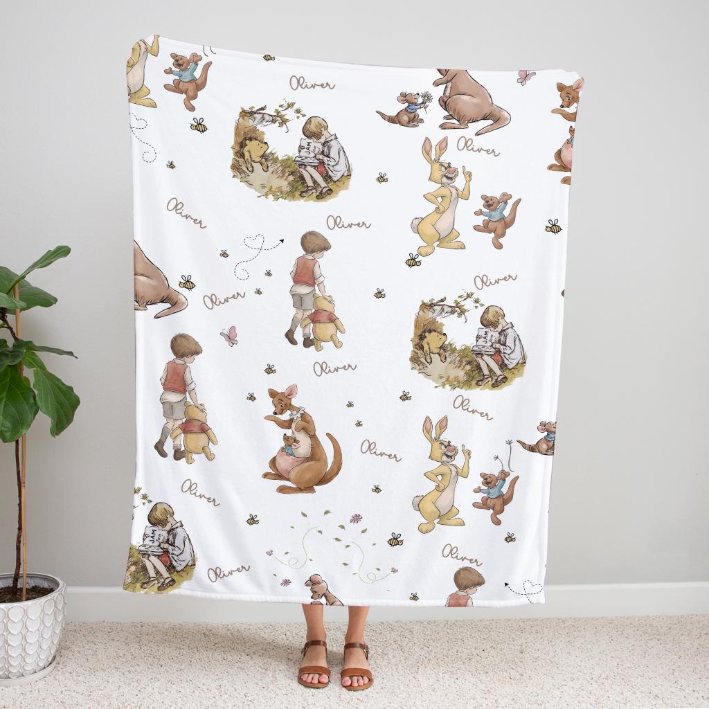 Personalized Classic Winnie-the-Pooh Blanket, Blanket Vintage Bear Baby Blanket Baby Shower Gift Gender Neutral Blanket 3rd Birthday Gift