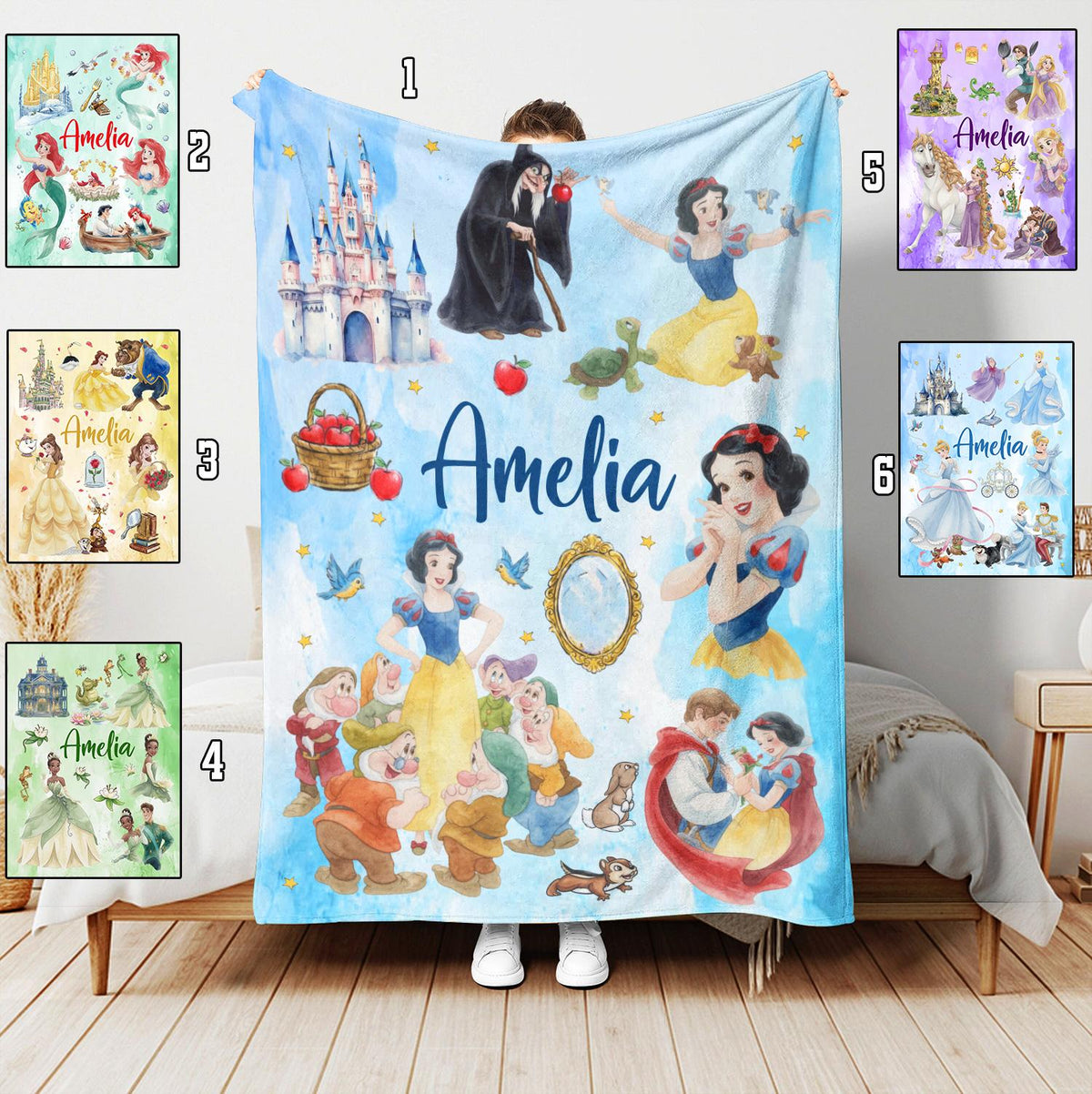 Personalized Disney Princess Blanket,Custom Princess Kid Throw,Birthday Girl Nursery Decor,Disney Christmas Gift,Snow White Cinderella Ariel