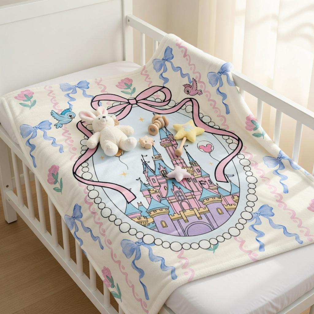 Disney Princess Castle Blanket, Cute Bow Magic Kingdom Castle Blanket, Fairy Tale Kids Blanket, Nursery Decor Gift