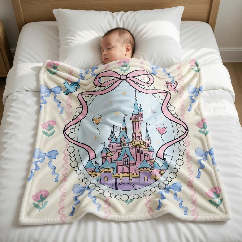 Disney Princess Castle Blanket, Cute Bow Magic Kingdom Castle Blanket, Fairy Tale Kids Blanket, Nursery Decor Gift