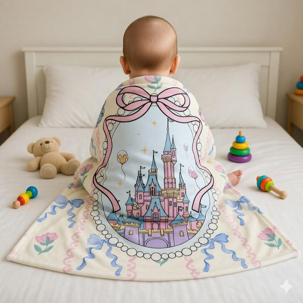 Disney Princess Castle Blanket, Cute Bow Magic Kingdom Castle Blanket, Fairy Tale Kids Blanket, Nursery Decor Gift