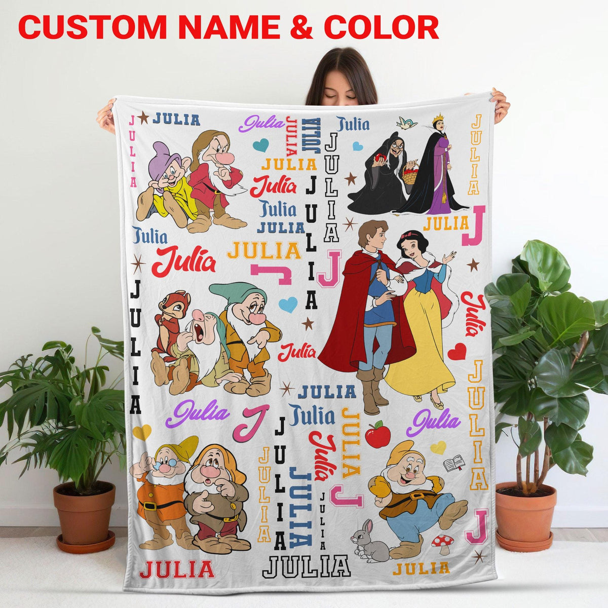 Custom Snow White and Seven Dwarfs Blanket, Personalized Disney Princess Blanket,Disney Gift for Kids & Adults,Cute Princess Nursery Bedding