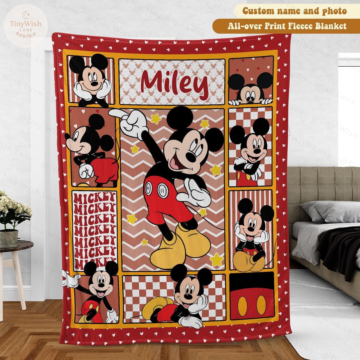 Personalized Mickey Mouse Blanket, Custom Name Disney Mickey Birthday Blanket, WDW Disneyland Mickey Fan Gift, Disney Minnie Gift for Kids