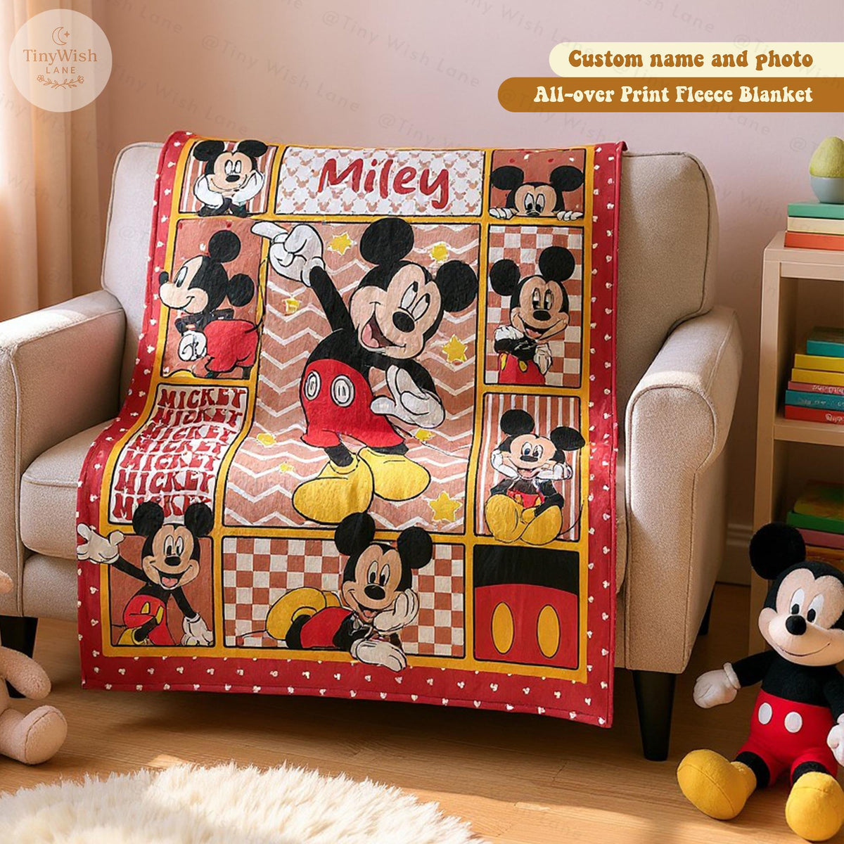 Personalized Mickey Mouse Blanket, Custom Name Disney Mickey Birthday Blanket, WDW Disneyland Mickey Fan Gift, Disney Minnie Gift for Kids