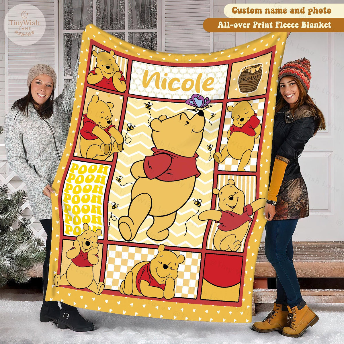 Personalized Winnie The Pooh Baby Blanket, Custom Name Pooh Bear And Friends Blanket, Cute Pooh Gift for Kids, Baby Shower Blanket Gift