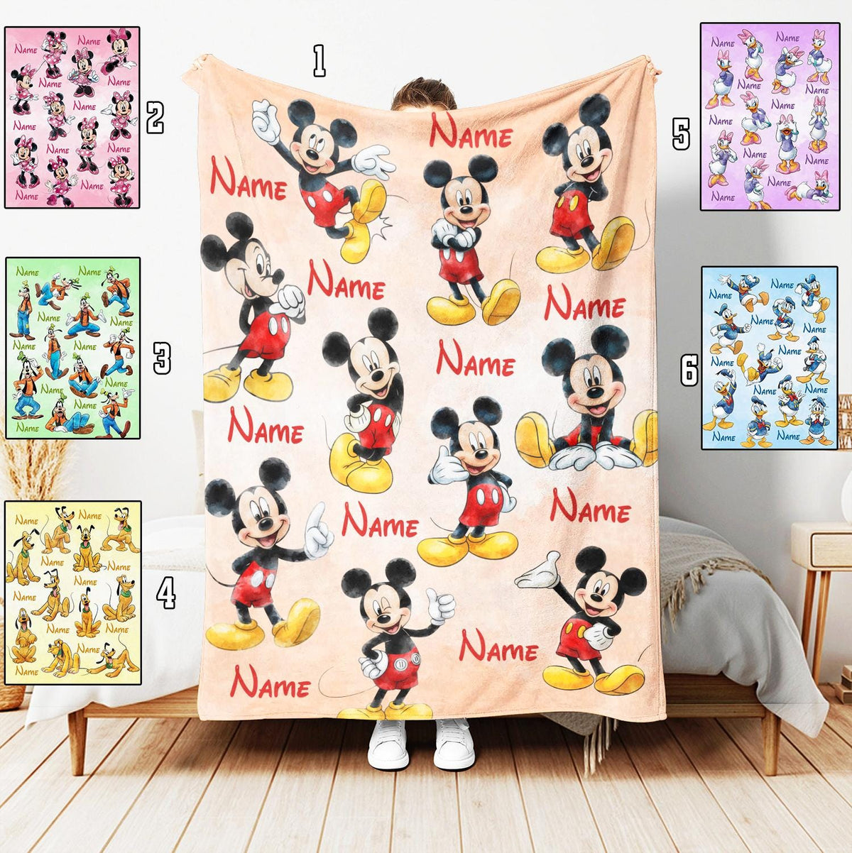Personalized Mickey And Friends Watercolor Blanket, Minnie Daisy Pluto Goofy Blanket, Birthday Nursery Decor, Disney Gift, Christmas Blanket