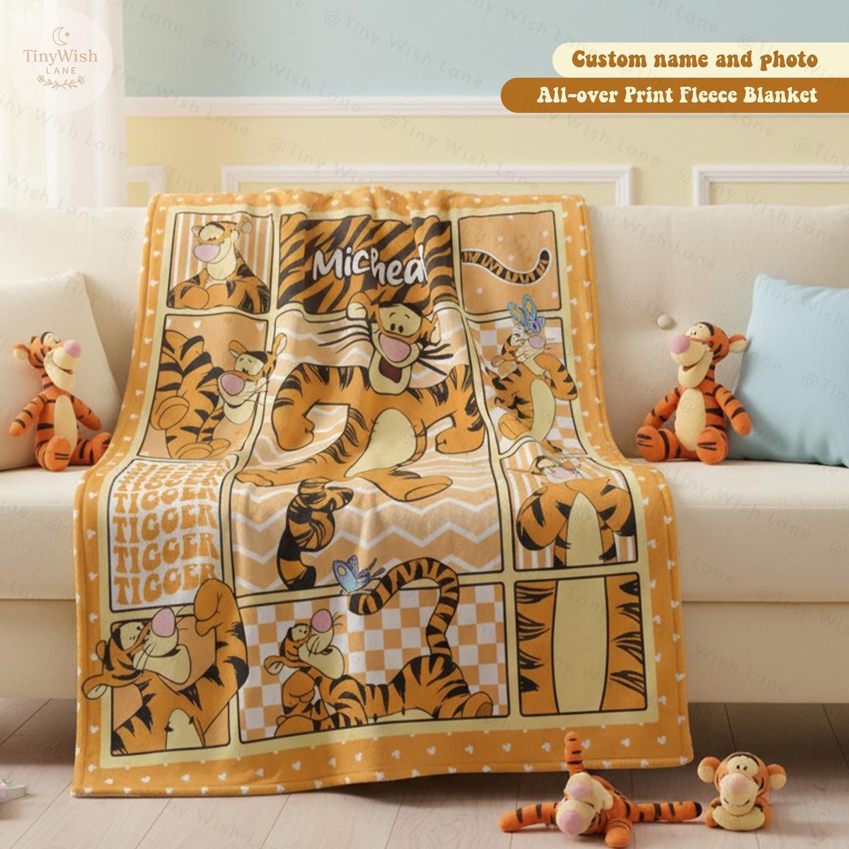 Personalized Tigger Quilt Baby Blanket, Custom Name Pooh Bear And Friends Blanket, Winnie The Pooh Gift for Kids, Baby Shower Blanket Gift