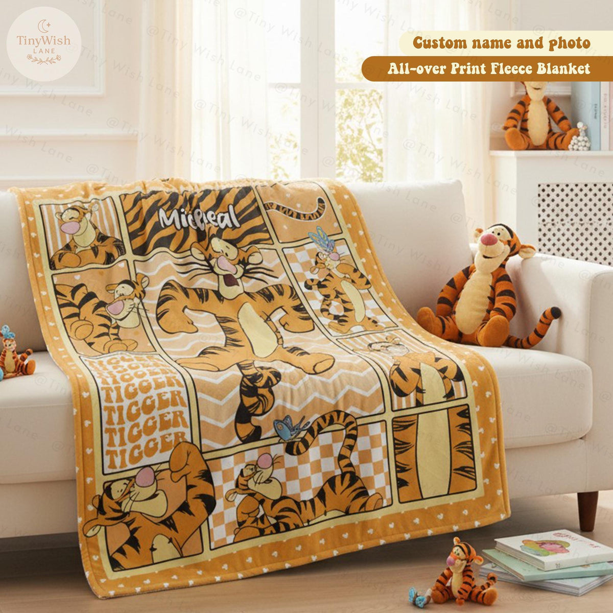 Personalized Tigger Quilt Baby Blanket, Custom Name Pooh Bear And Friends Blanket, Winnie The Pooh Gift for Kids, Baby Shower Blanket Gift