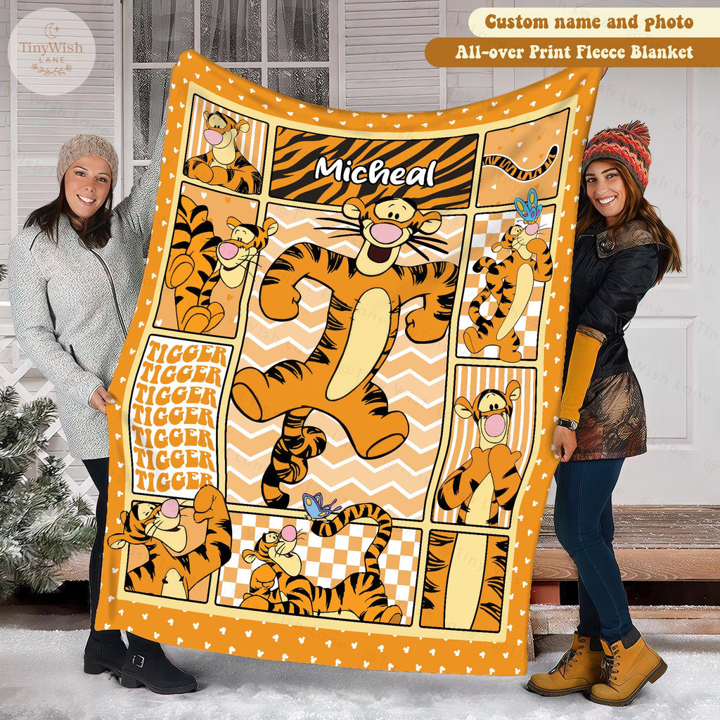 Personalized Tigger Quilt Baby Blanket, Custom Name Pooh Bear And Friends Blanket, Winnie The Pooh Gift for Kids, Baby Shower Blanket Gift