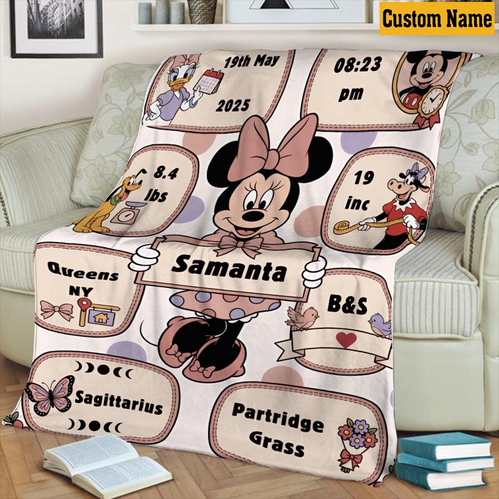 Personalized Minnie Mouse and Friends Birth Stats Blanket, Custom Name Mouse Ear Castle Pattern Throw, Disney Newborn Gift 2026