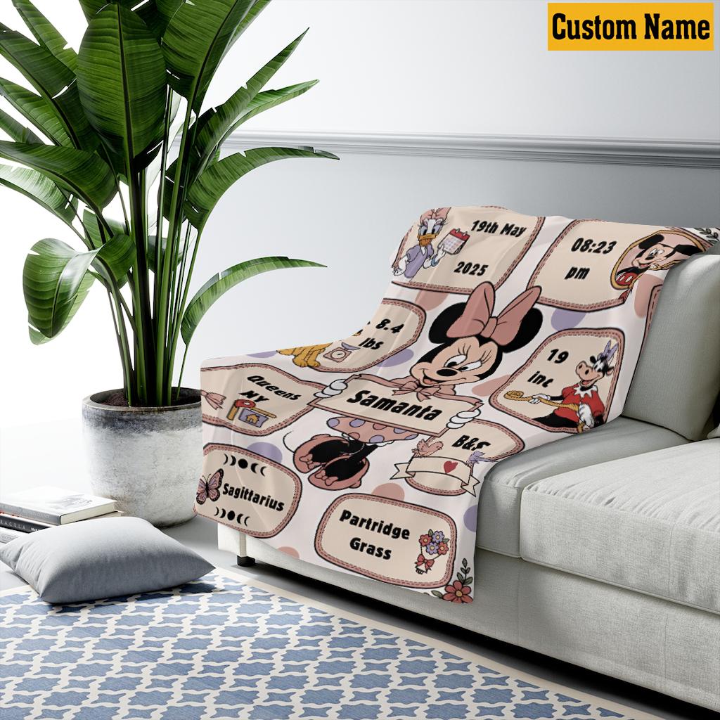 Personalized Minnie Mouse and Friends Birth Stats Blanket, Custom Name Mouse Ear Castle Pattern Throw, Disney Newborn Gift 2026