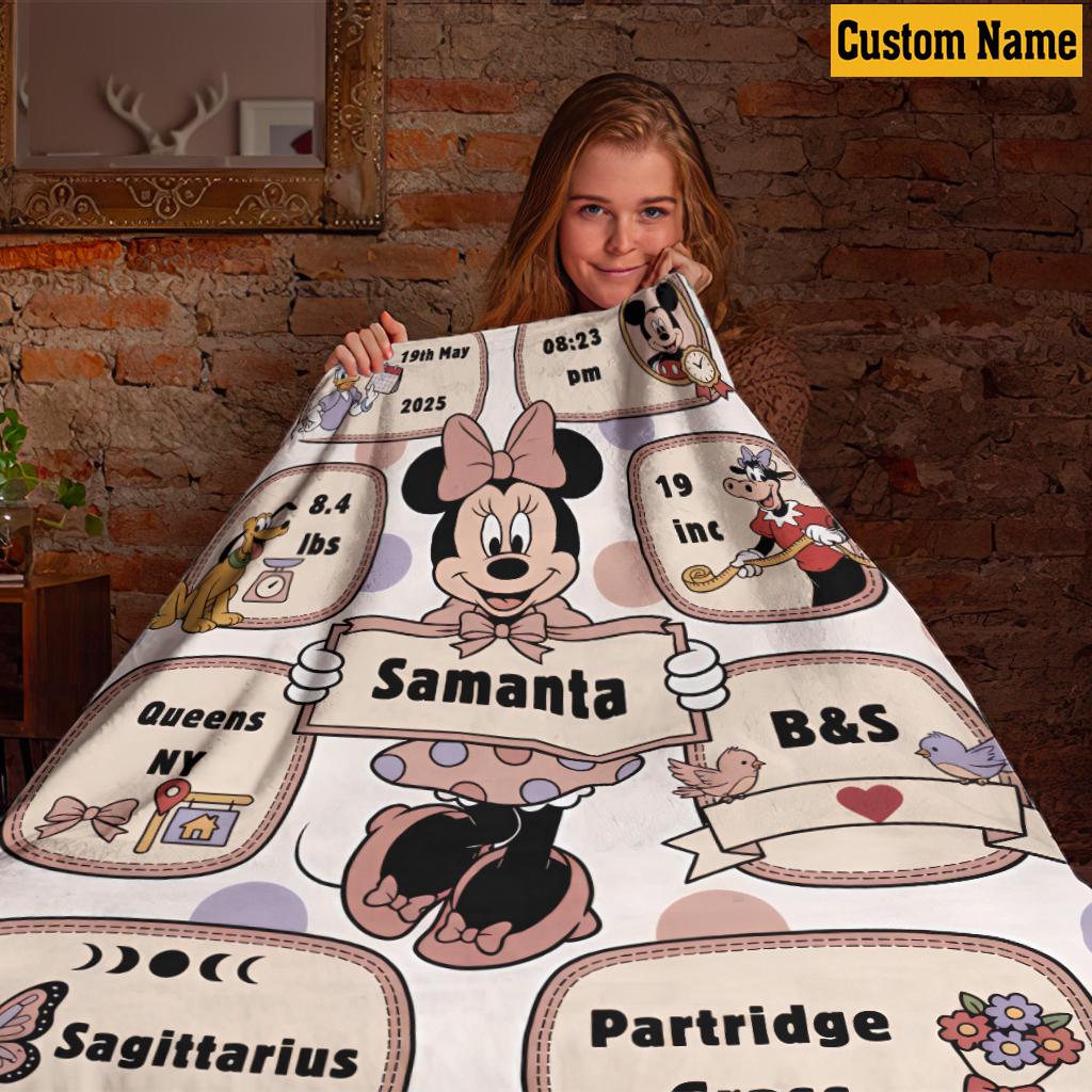 Personalized Minnie Mouse and Friends Birth Stats Blanket, Custom Name Mouse Ear Castle Pattern Throw, Disney Newborn Gift 2026