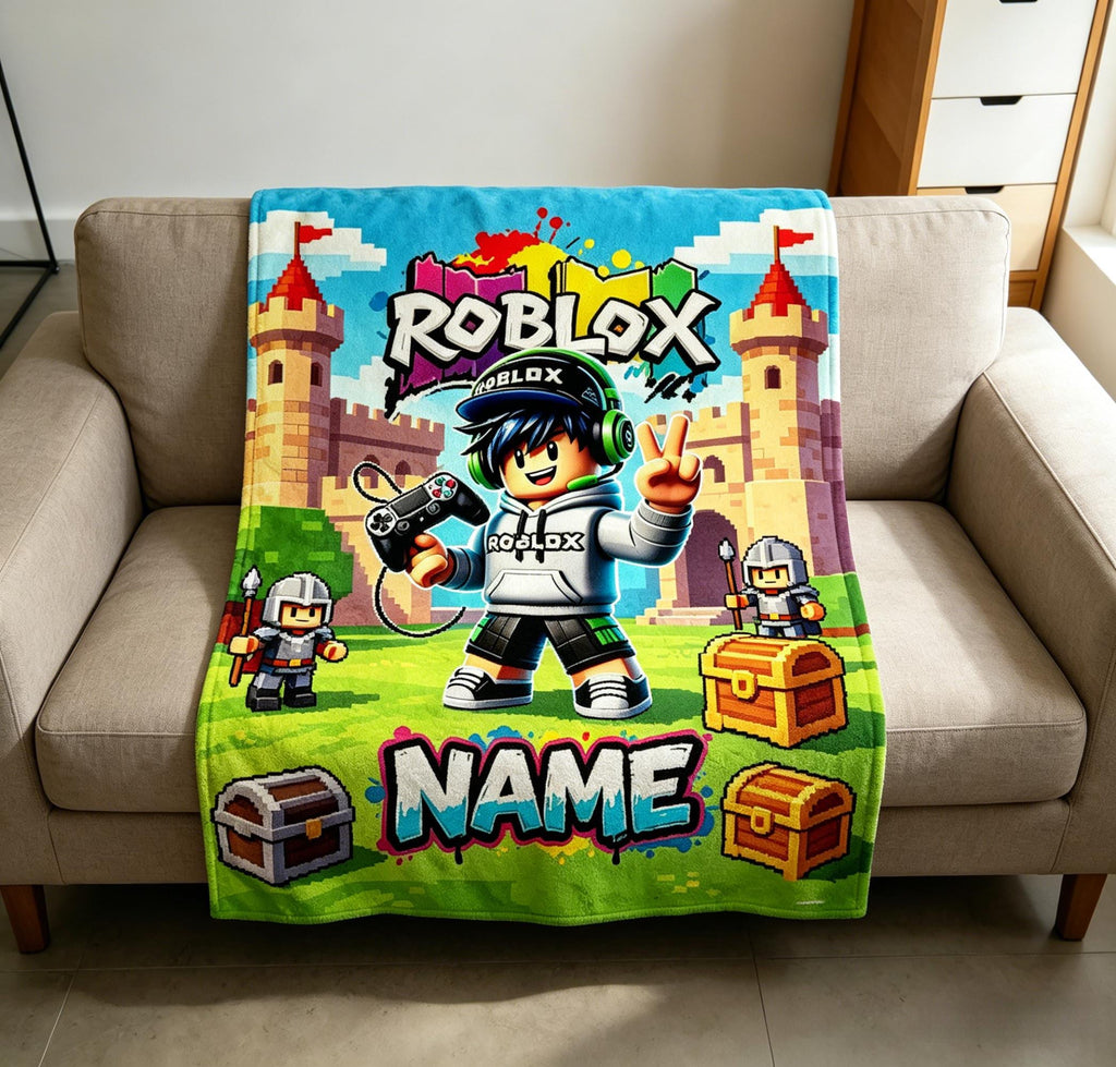 Personalized Roblox Throw Blanket, Custom Name Gaming Room Decor